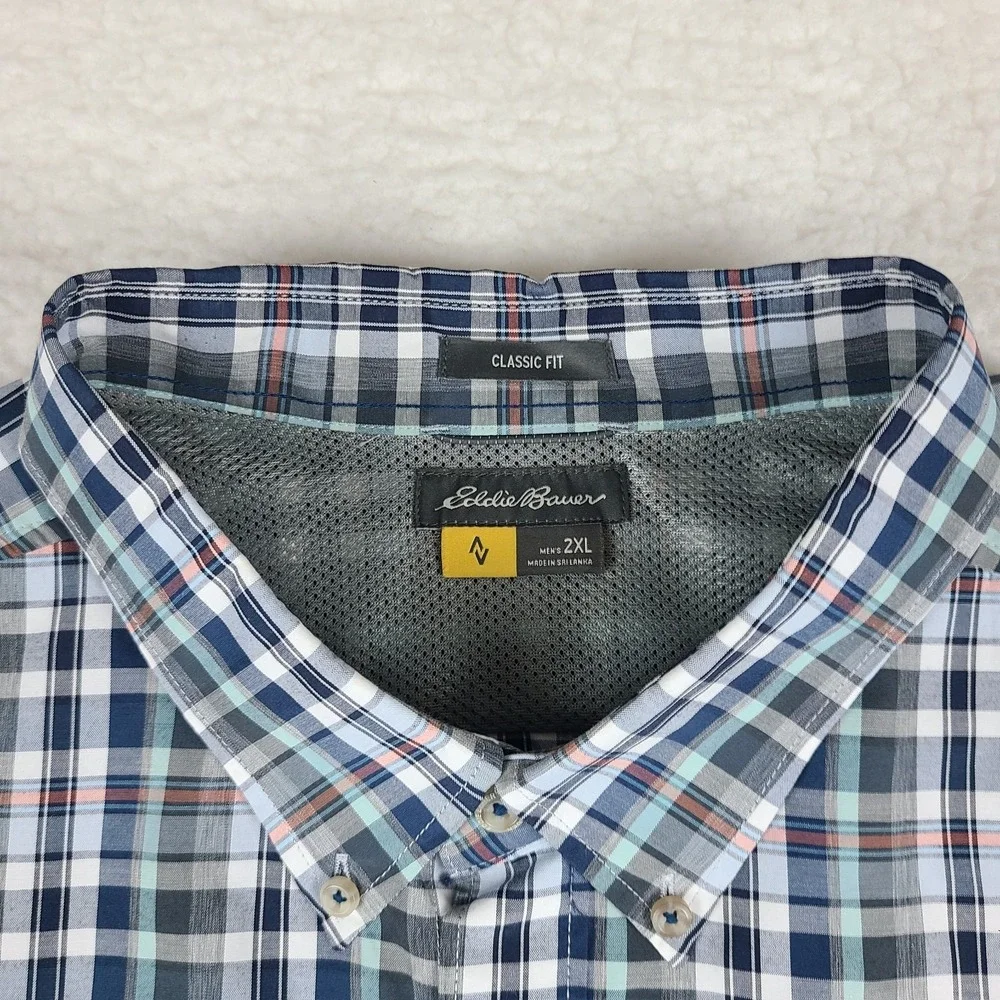 Eddie Bauer Shirt Mens 2XL XXL Blue‎ Plaid Classic Fit TraveX Button Up